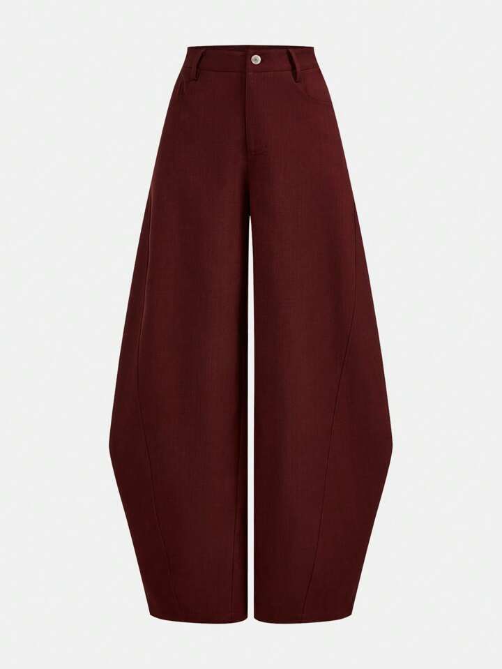 CM-BS980898 Women Casual Seoul Style Belted Flared Wide Leg Pants - Burgundy