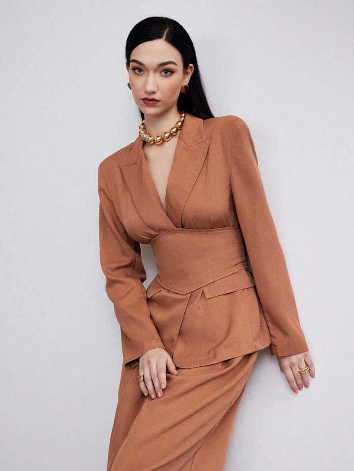 CM-SS265938 Women Elegant Seoul Style Shawl Collar Blazer Suit With Waist Band Long Pants - Set