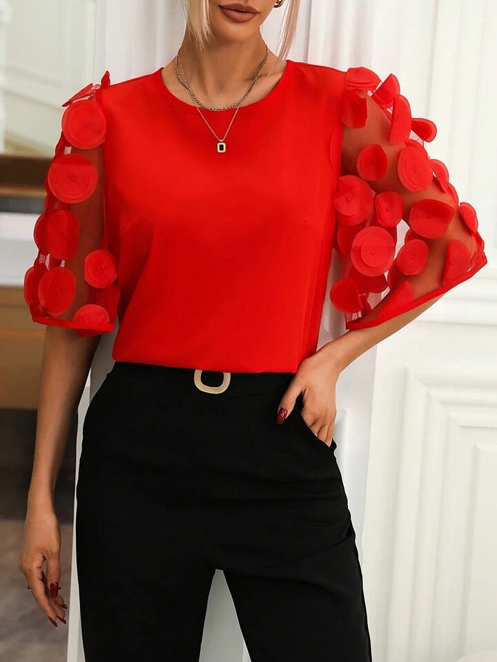 CM-TS636193 Women Casual Seoul Style Round Neck Contrast Mesh Sleeve Blouse - Red