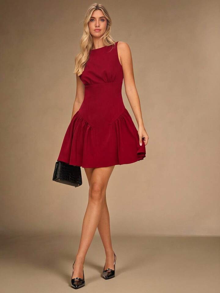 CM-DS334312 Women Elegant Seoul Style Round Neck Sleeveless Pleated Hem Mini Dress - Burgundy