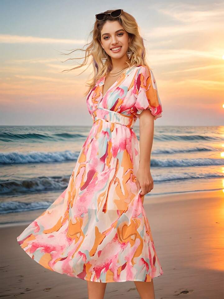 CM-DS422422 Women Trendy Bohemian Style Tie-Dye Printed V-Neck Short Puff Sleeve Large Hem Dress