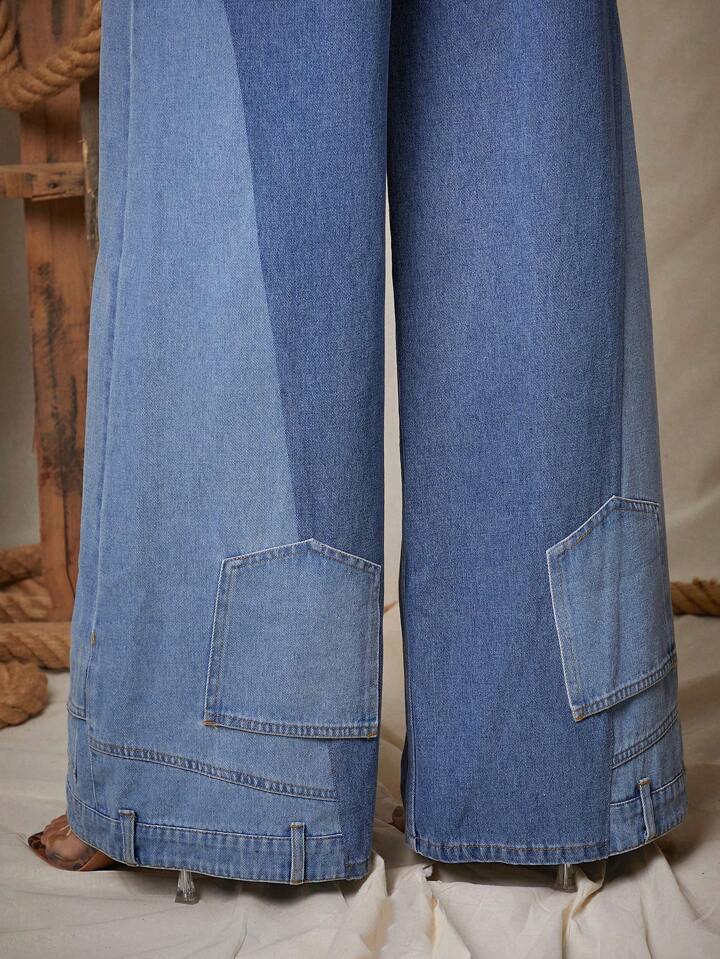 CM-BS105007 Women Casual Seoul Style Loose Pockets Extra Long Wide Leg Jeans - Blue