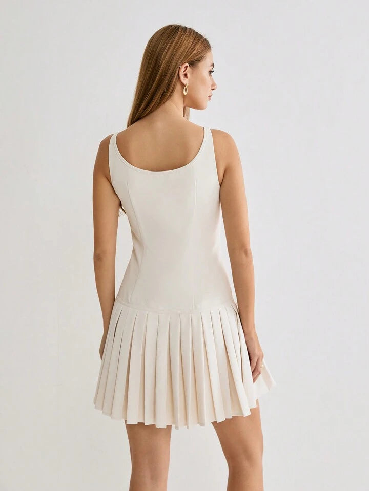 CM-DS261701 Women Casual Seoul Style Scoop Neck Bowknot Sleeveless Pleated Hem Mini Dress - Apricot