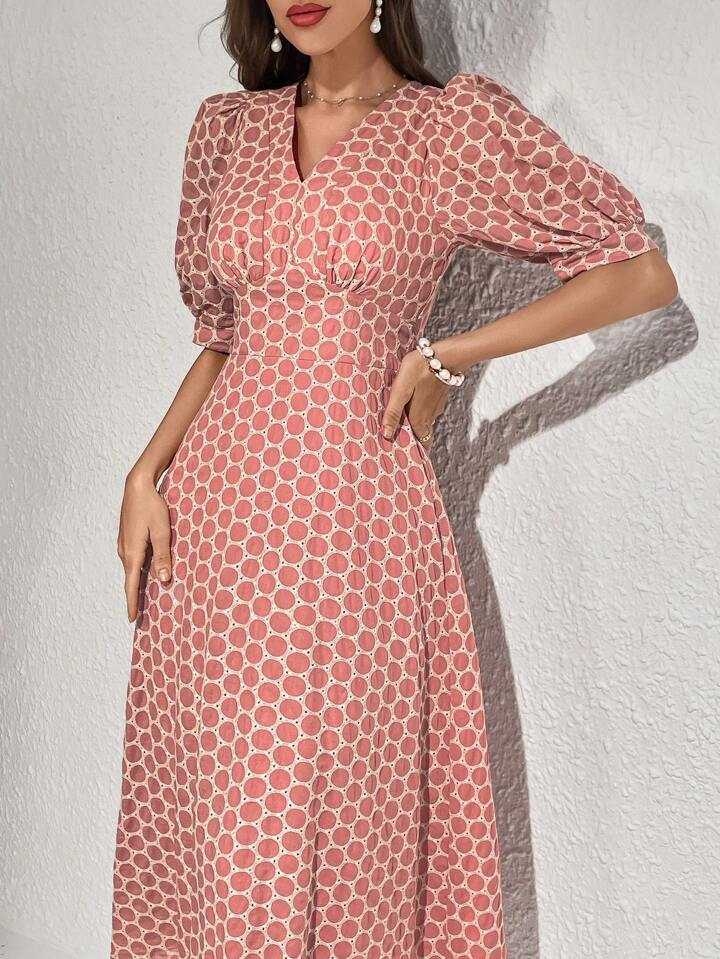 CM-DS301719 Women Elegant Seoul Style Polka Dot Print V-Neck Short Sleeve Belted Dress - Pink