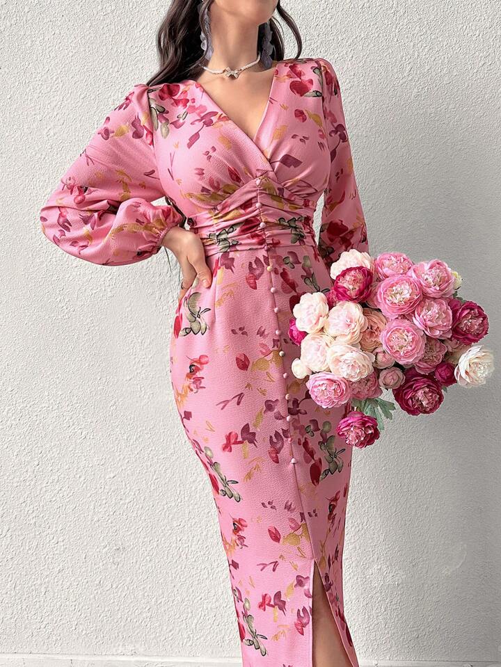 CM-DS851550 Women Casual Seoul Style V-Neck Button Down Long Sleeve Cinched Waist Dress - Pink