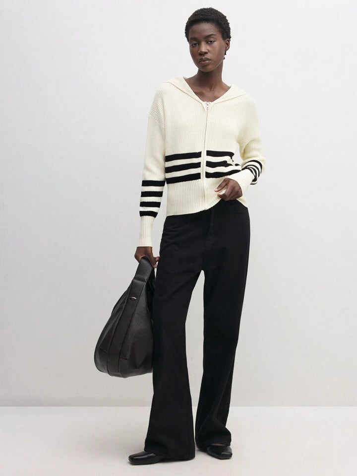 CM-CS055074 Women Casual Seoul Style Sailor Collar Long Sleeve Striped Knit Sweater