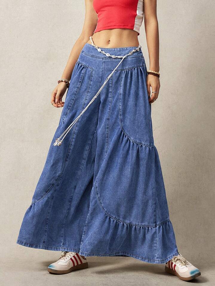CM-BS562441 Women Casual Seoul Style Elastic Waist Irregular Patchwork Wide Leg Pants - Navy Blue