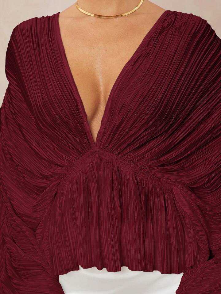 CM-TS272263 Women Elegant Seoul Style Deep V-Neck Long Sleeve Loose Fit Ruffled Hem  Oversized Blouse - Burgundy