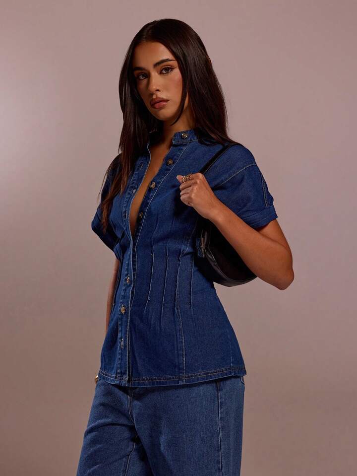 CM-TS897693 Women Casual Seoul Style Collar Neckline Short Sleeve Single-Breasted Loose Denim Top - Blue