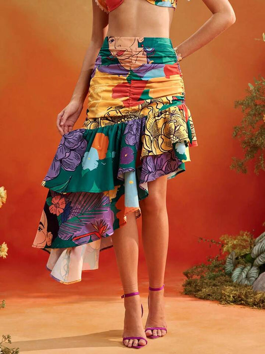 CM-BS361862 Women Elegant Seoul Style Floral Print High Waist Ruffles Layered Ruched Asymmetrical Skirt