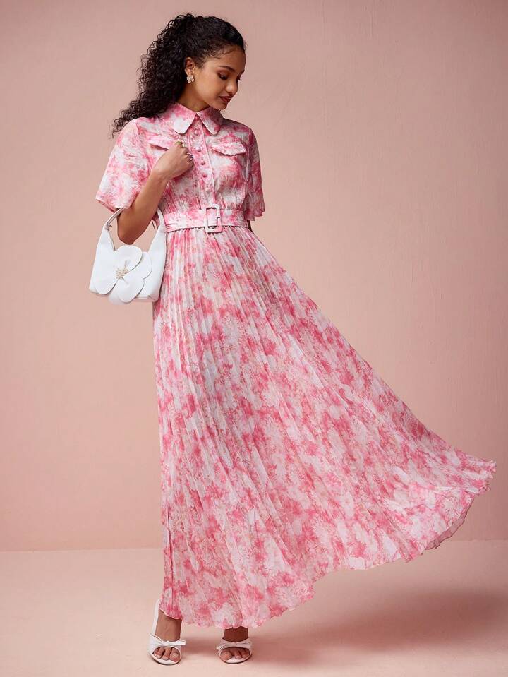 CM-DS632377 Women Elegant Seoul Style Floral Print Lapel Neckline Short Sleeve Belt Pleated Hem Dress