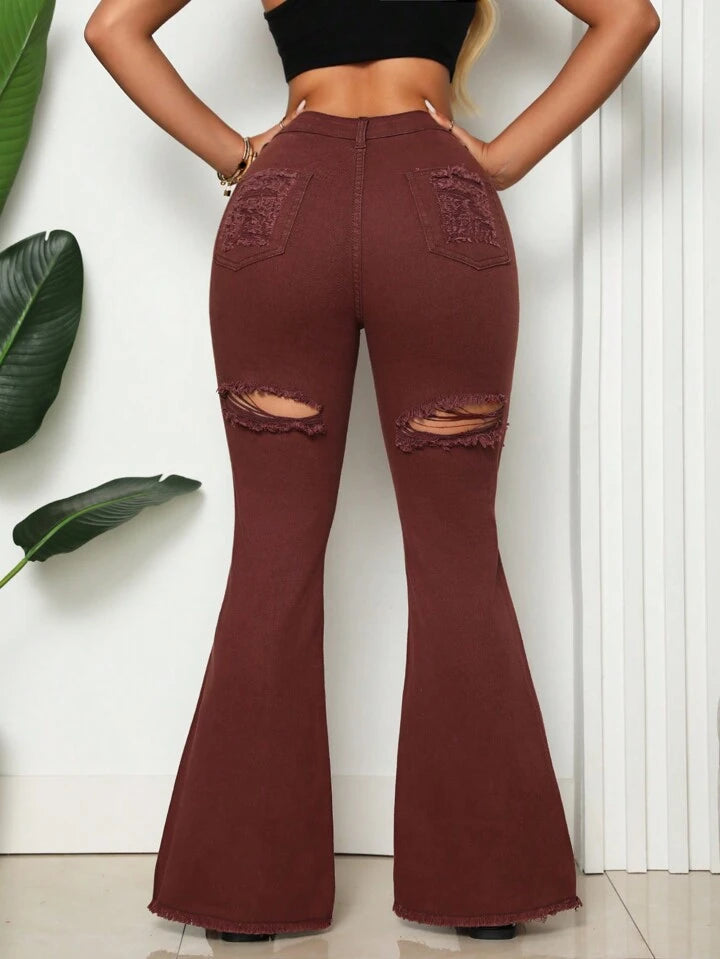 CM-BS567564 Women Casual Seoul Style Pocket Distressed Skinny Flared Jeans - Burgundy