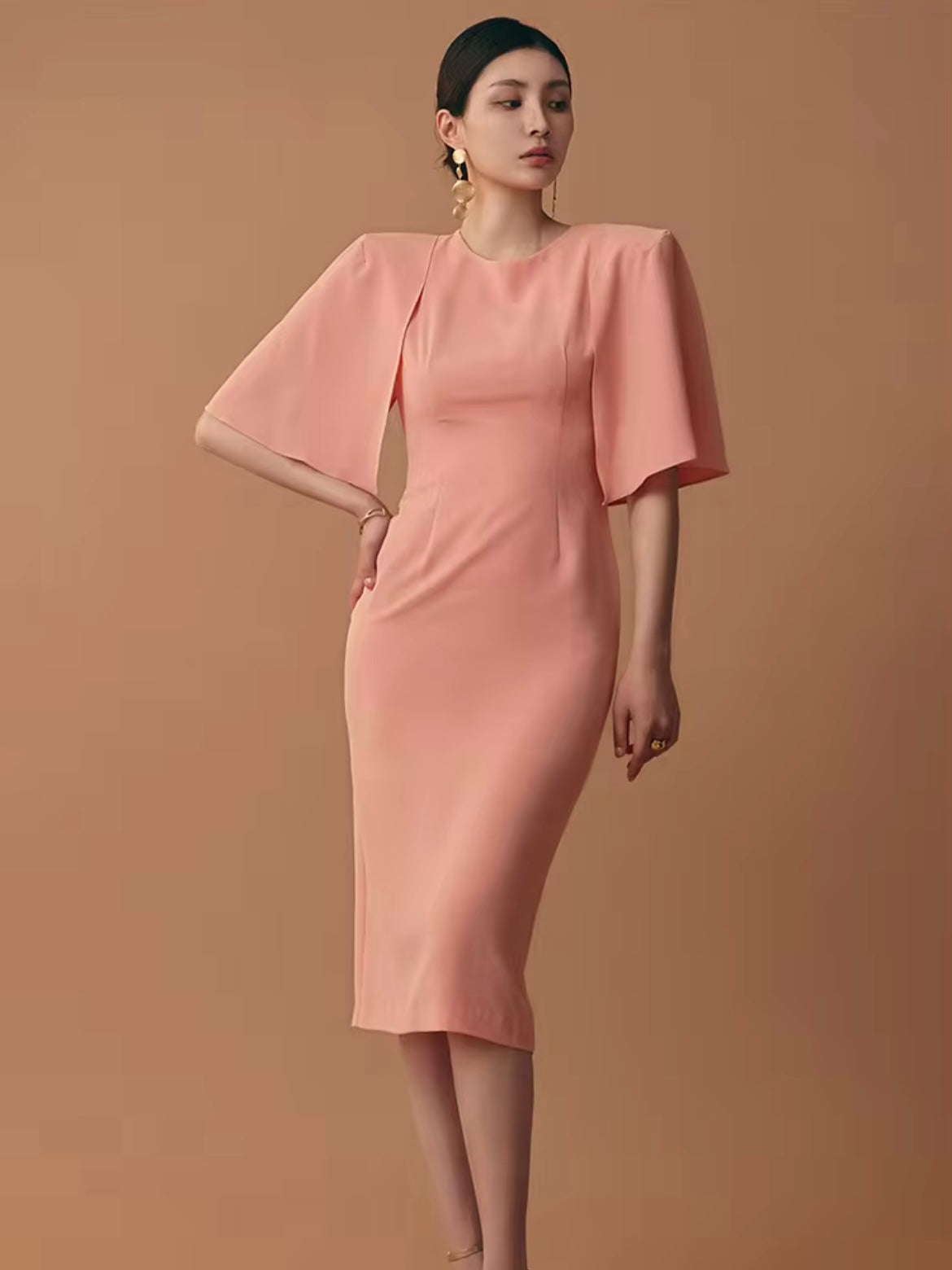 CM-DY014587 Women Elegant European Style Round Nexk Lotus Sleeve Midi Dress (Available in 2 colors)