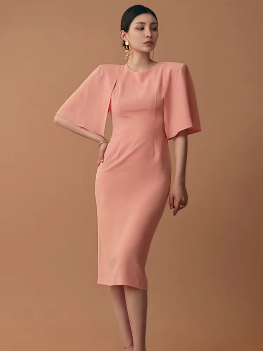 CM-DY014587 Women Elegant European Style Round Nexk Lotus Sleeve Midi Dress (Available in 2 colors)