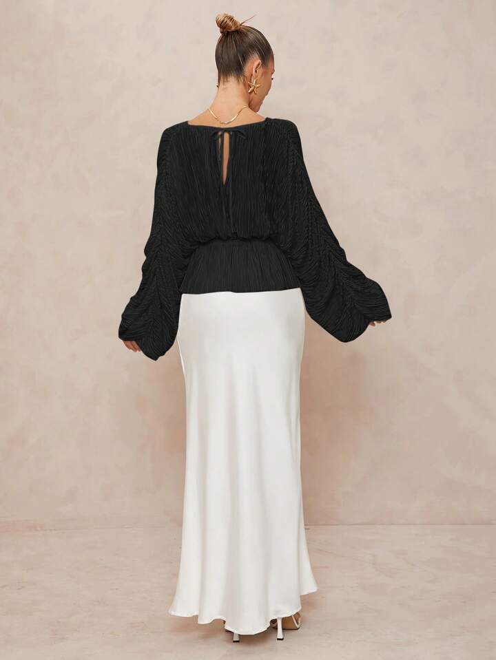 CM-TS291833 Women Elegant Seoul Style Deep V-Neck Oversized Ruffle Sleeves Loose Blouse - Black
