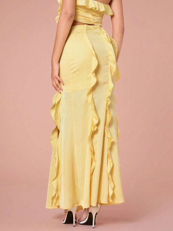 CM-BS764976 Women Elegant Seoul Style Solid Color Splicing Mushroom Hem Side Slit Maxi Skirt