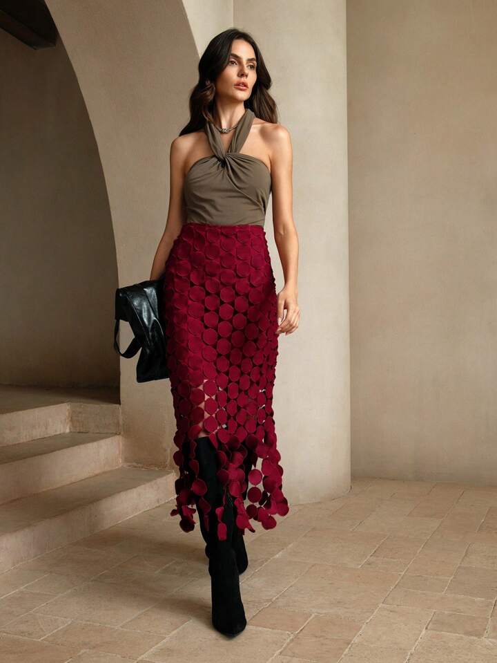 CM-BS381291 Women Elegant Seoul Style Laser Cut Multi Circle Double Layered Skirt - Burgundy