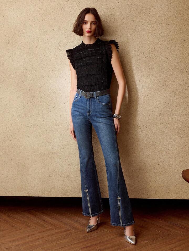 CM-BS671797 Women Elegant Seoul Style Rhinestone Bow Chain Detail Split Hem Flare Leg Denim Jeans