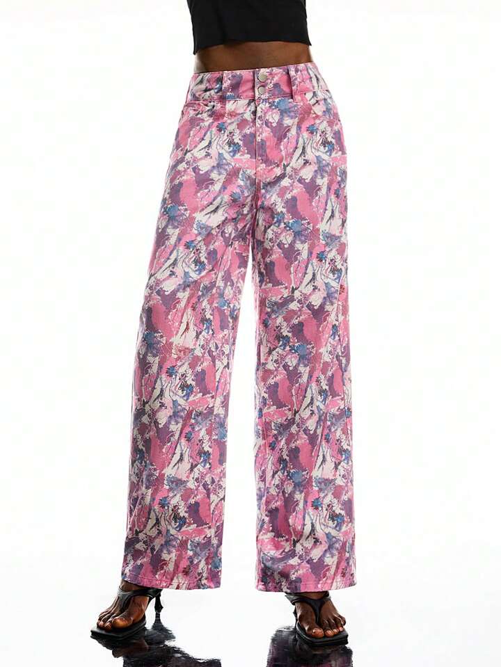 CM-BS369754 Women Casual Seoul Style Low Waist Multicolor All-Over Print Straight Leg Jeans
