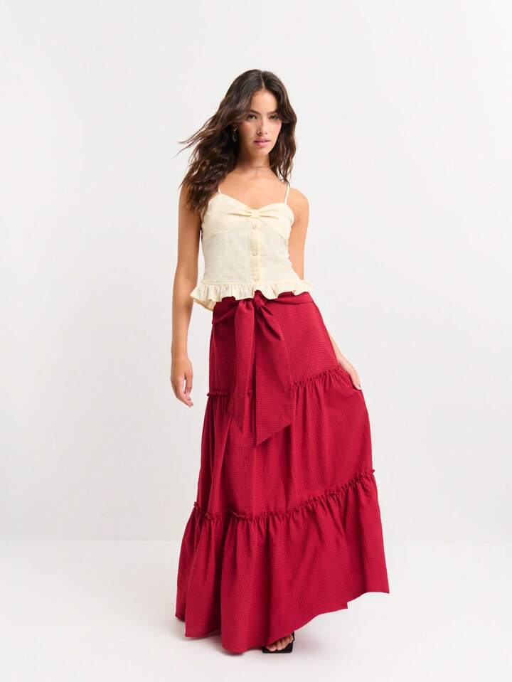 CM-BS094288 Women Trendy Bohemian Style Gathered Seams Oversized Waist Tie Tiered Maxi Skirt - Burgundy