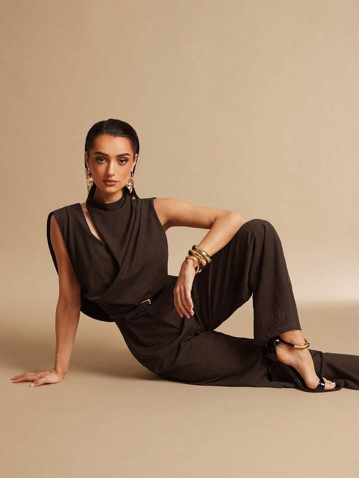 CM-JS606354 Women Elegant Seoul Style Stand Collar Sleeveless Pleated Backless Jumpsuit - Brown