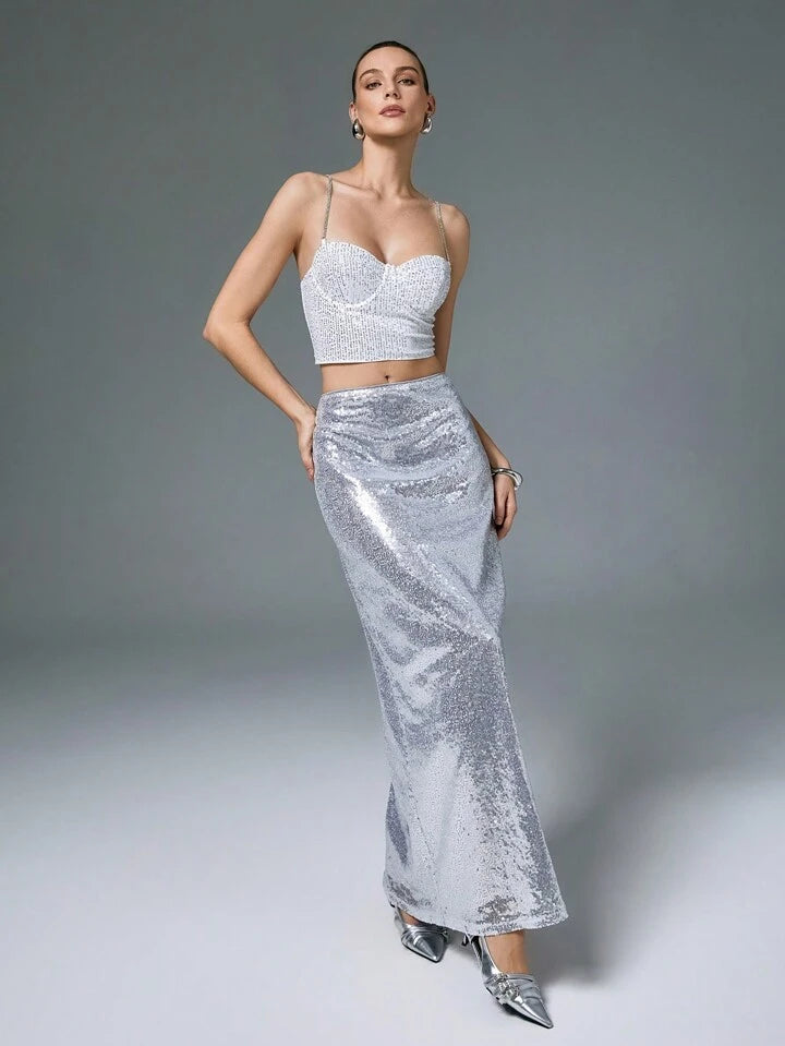 CM-BS292770 Women Elegant Seoul Style Drop Waist Sequined A-Line Maxi Skirt - Silver