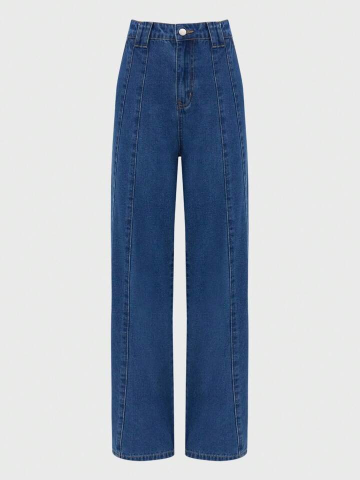 CM-BS080566 Women Casual Seoul Style Medium Wash High Waist Diagonal Split Straight Leg Denim Pants