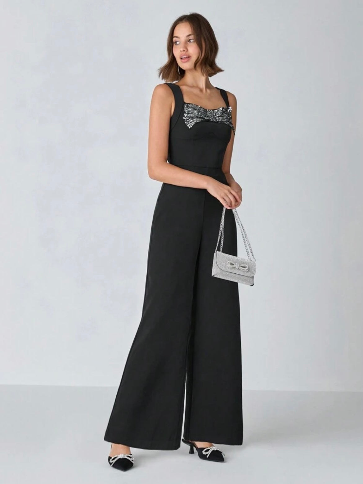 CM-JS432207 Women Elegant Seoul Style Sequin Bow Decorated Sleeveless Wide Leg Jumpsuit - Black