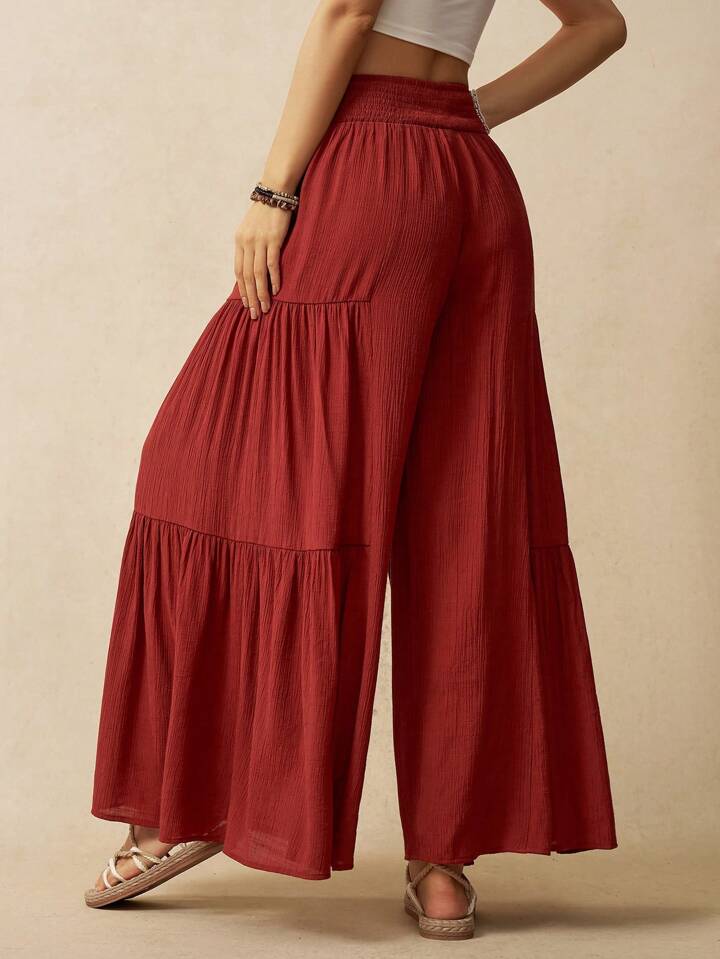 CM-BS131063 Women Trendy Bohemian Style Solid Color Drop Waist A-Line Pants - Burgundy