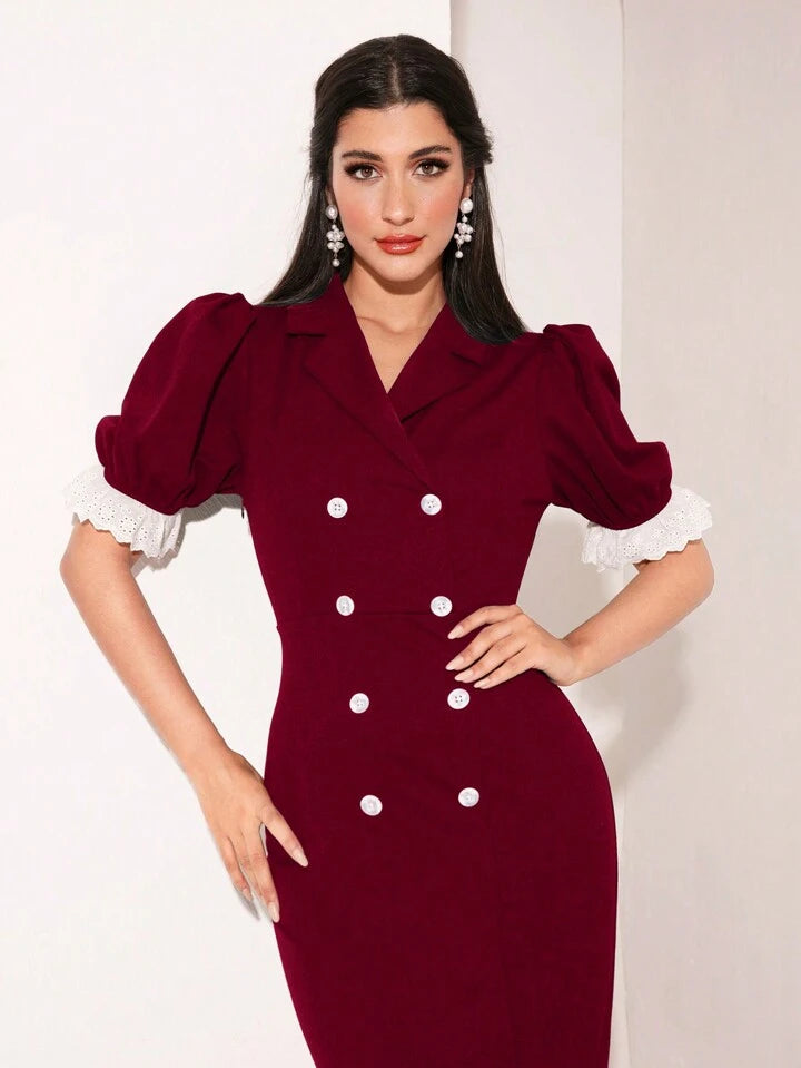 CM-DS071117 Women Elegant Seoul Style Lace Patchwork Double-Breasted Puff Sleeve Dress - Burgundy