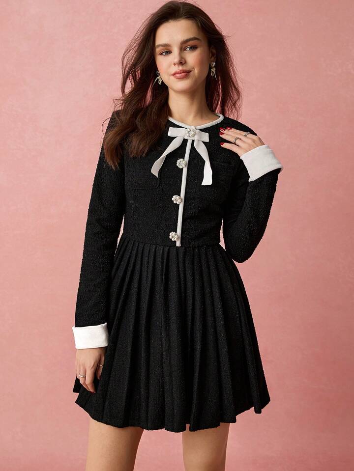 CM-DS901020 Women Elegant Seoul Style Bow Decor Round Neck Long Sleeve Pleated Hem Mini Dress - Black