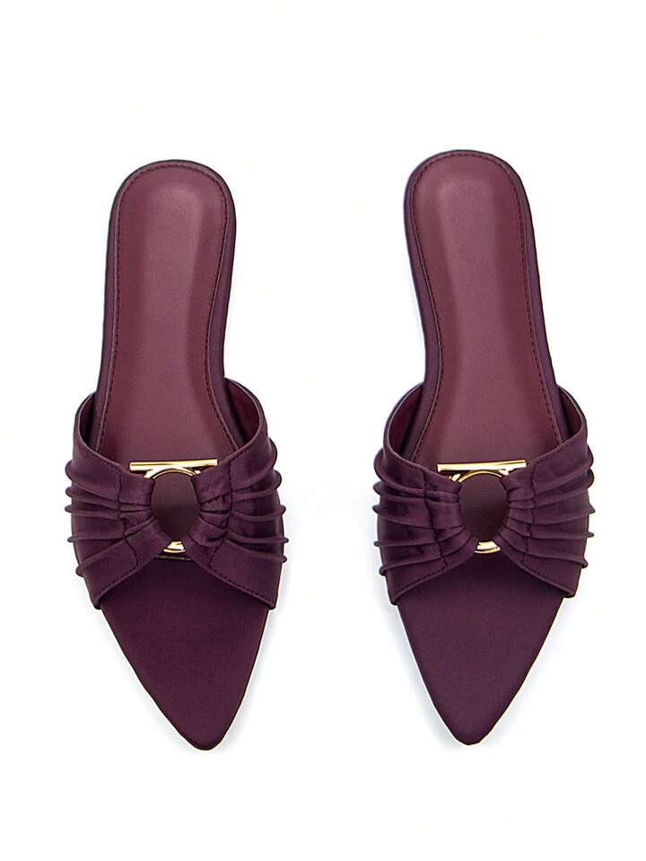 CM-SHS538830 Women Trendy Seoul Style Gold Metal Buckle Ruched Accent Pointed Toe Flat Mule Sandals - Burgundy