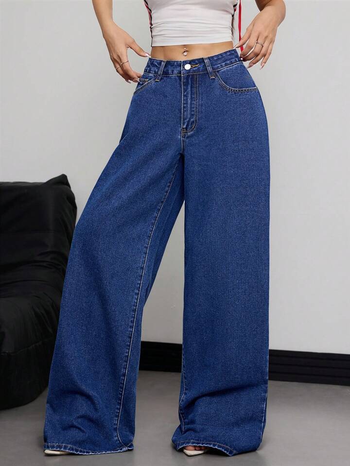 CM-BS482125 Women Casual Seoul Style Dark Wash Loose Fit Pockets Palazzo Wide-Leg Jeans