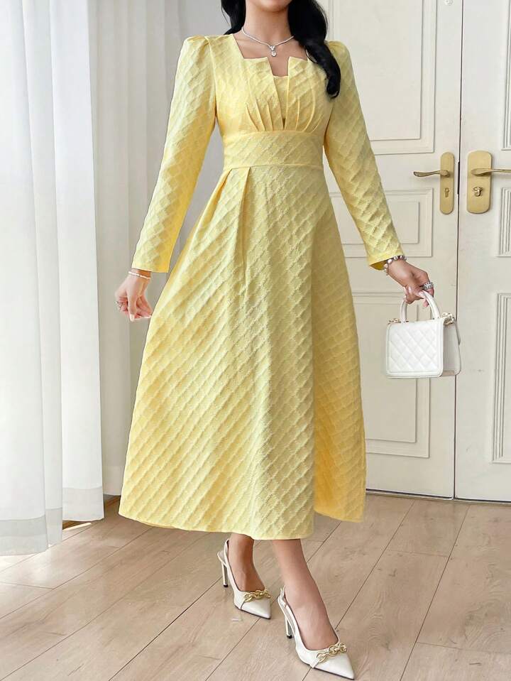 CM-DS227858 Women Elegant Seoul Style Square Neck Puff Sleeve Plaid Jacquard Gathered Dress - Yellow