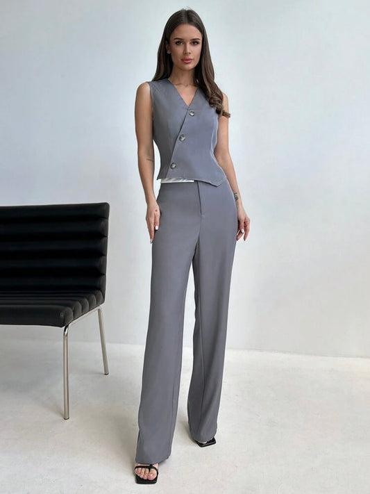 CM-SS615555 Women Elegant Seoul Style Colorblock Sleeveless Vest With Waist Belt Low Waist Long Tail Suit - Gray