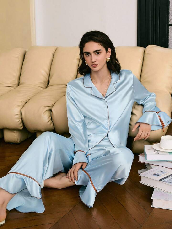 CM-LS071247 Women Trendy Seoul Style Ruffle Splicing Contrast Bow Satin Loungewear Set - Blue