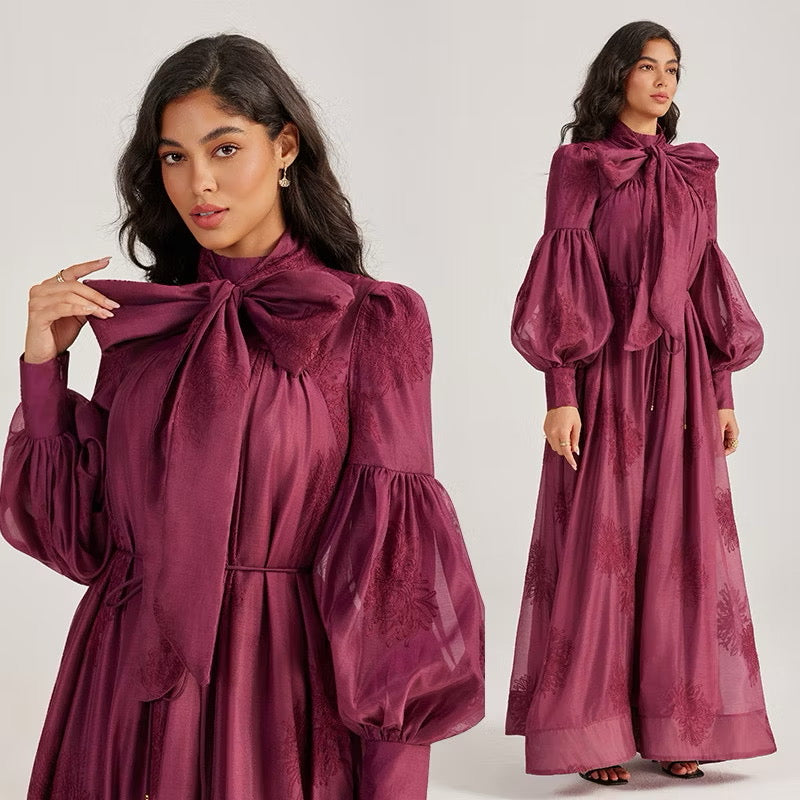 CM-DY055506 Women Elegant European Style Tie Neckline Lantern Sleeve Long Dress (Available in 2 colors)