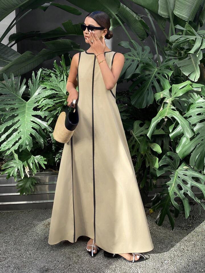 CM-DS359193 Women Casual Seoul Style Color-Conflicting Panels Sleeveless Loose Long Dress - Apricot