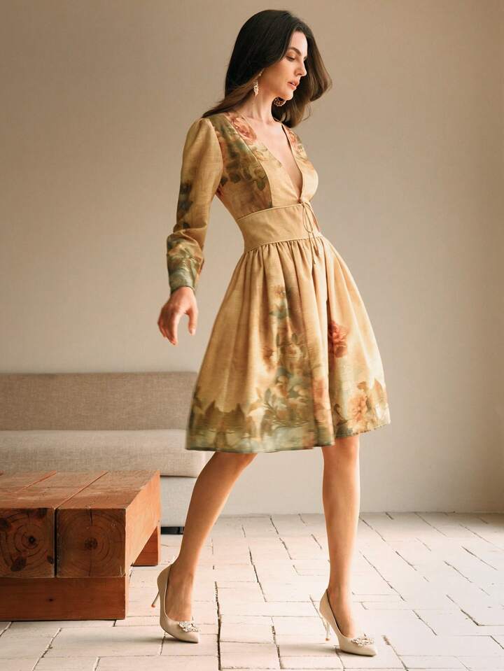 CM-DS176671 Women Elegant Seoul Style Deep V-Neck 3D Cut-Out Design Lace-Up Printed Mini Dress