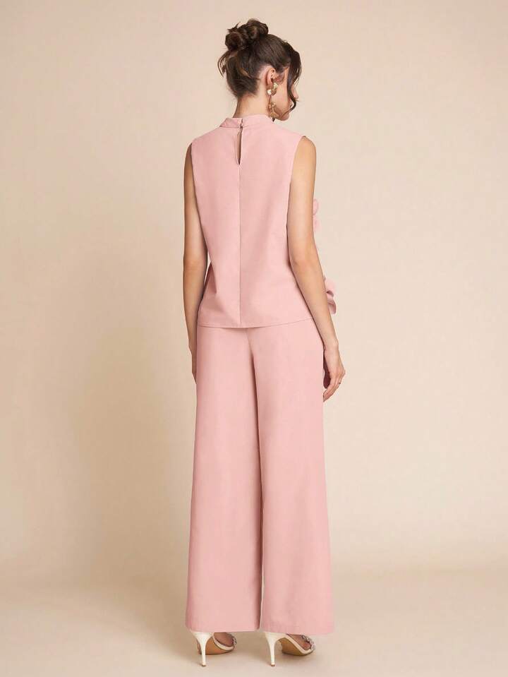 CM-SS304539 Women Elegant Seoul Style Stand Colllar Sleeveless 3D Floral Decor Top With Wide Leg Pants - Set