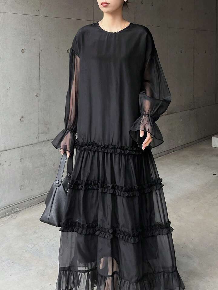 CM-DS872665 Women Casual Seoul Style Round Neck Mesh-Sheer Panel Ruffle Hem Loose Fit Long Dress - Black