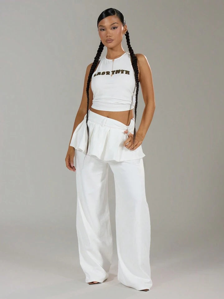 CM-BS657356 Women Casual Seoul Style Layered Pleated Skirt Over Wide Leg Jeans