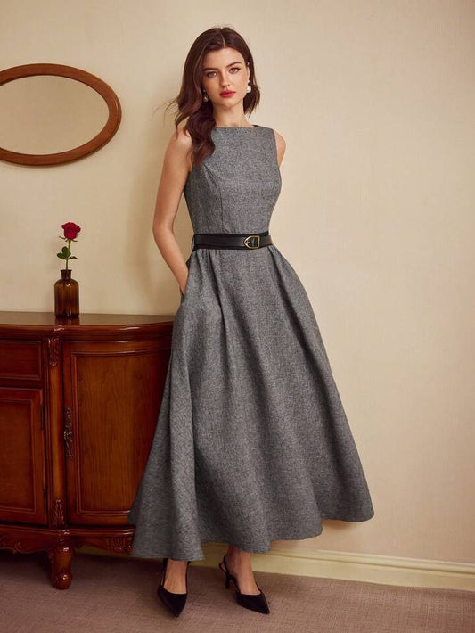 CM-DS511370 Women Elegant Seoul Style Fitted Boat Neck Sleeveless Sheath Belted Dress - Gray
