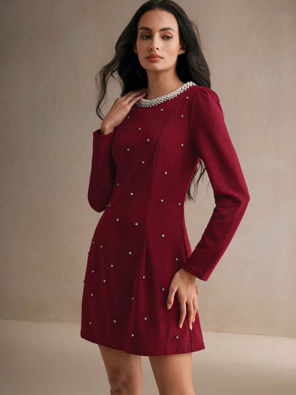 CM-DS243828 Women Elegant Seoul Style Rhinestone Pearl Decor Round Neck Long Sleeve Waisted Dress