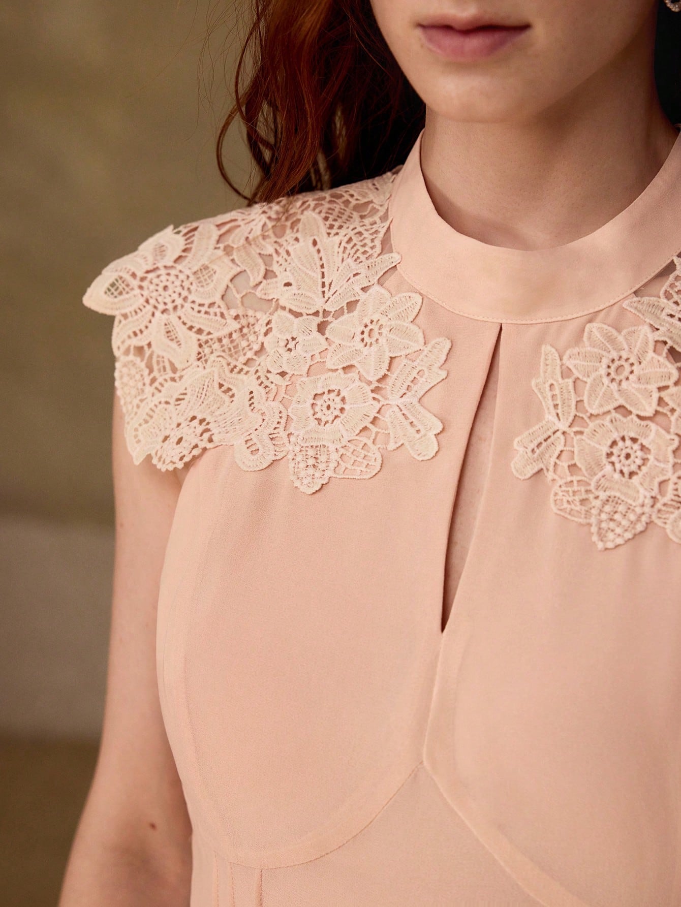 CM-TS792662 Women Elegant Seoul Style Round Neck Cap Sleeve Lace Patchwork Waist-Cinched Top - Baby Pink