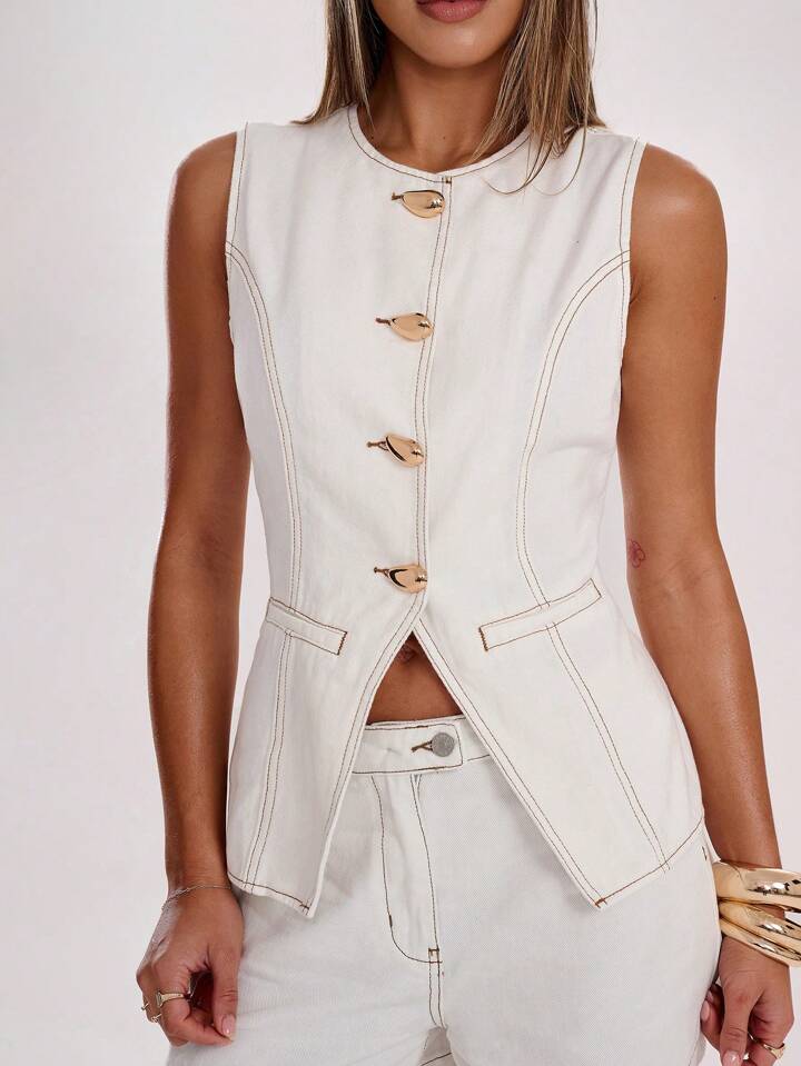 CM-TS034920 Women Casual Seoul Style Round Neck Single-Breasted Sleeveless Denim Top - White