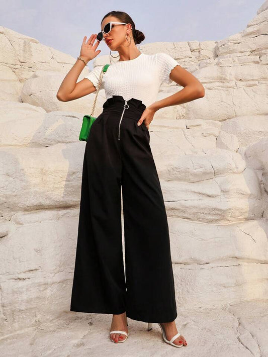 CM-BS012207 Women Casual Seoul Style Ultra High Waist Zipper Wide Leg Pants - Black