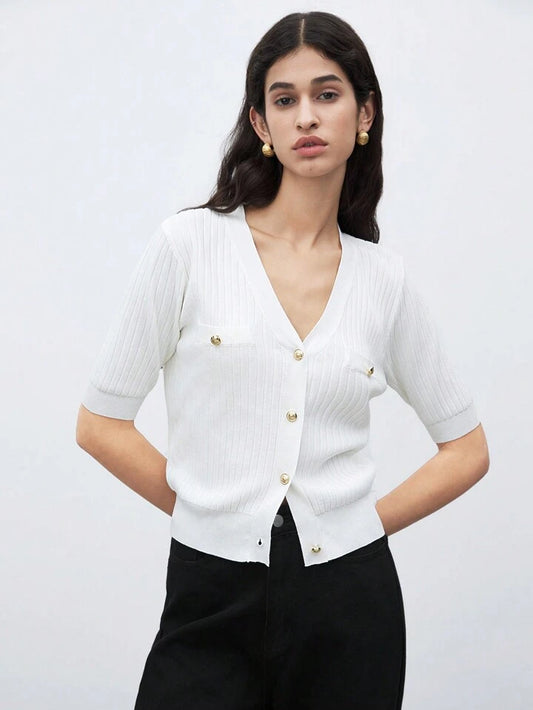 CM-TS513431 Women Casual Seoul Style V-Neck Short Sleeve Button Front Knit Blouse - White