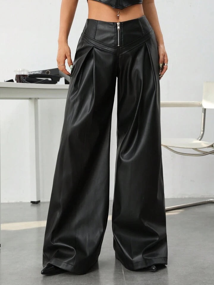 CM-BS428346 Women Elegant Seoul Style Ultra Low Waist Metallic Zipper Wide Leg Pants