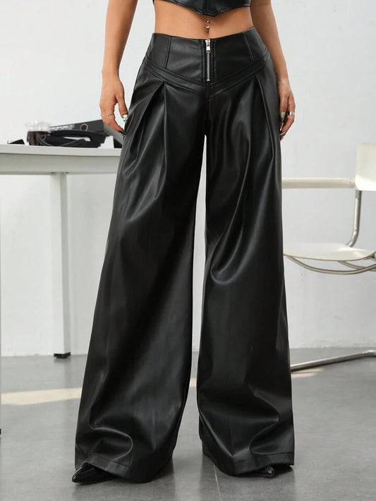 CM-BS428346 Women Elegant Seoul Style Ultra Low Waist Metallic Zipper Wide Leg Pants